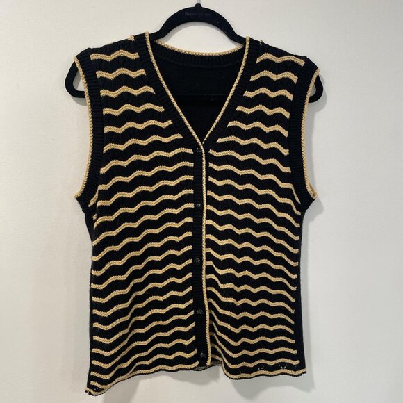 Vintage 80’s Black and Gold Striped crocheted button up vest Size M - Picture 1 of 6